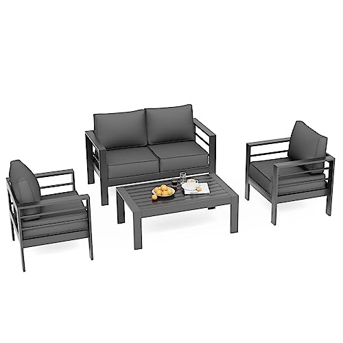 UDPATIO 8 Piece Aluminum Patio Furniture Set, Oversized Modern Outdoor Furniture Set with Olefin Fabric Cushion for Patio Deck Backyard, Dark Grey(with Waterproof Covers)