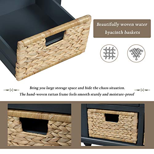 Wood Shoe Storage Benches with Cushion, Removable 2 Drawers for Entryway Livingroom Mudroom, Navy, 1 Rattan Baskets