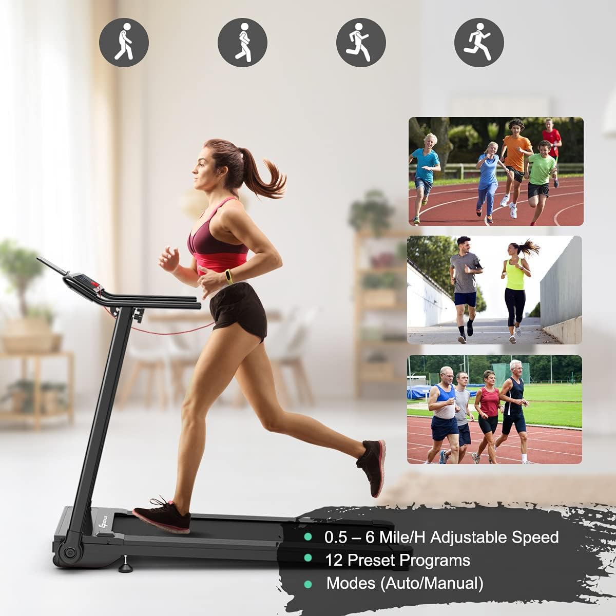 Goplus Folding Treadmill, Portable Electric Treadmill with LED Touch Screen, 12 Preset Programs, 2 Modes and Phone/Pad Holder, Compact Walking Jogging Running Machine for Home Office