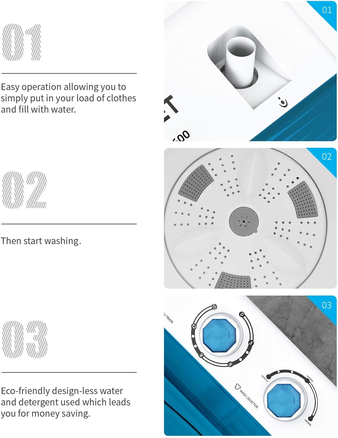 KUPPET Compact Twin Tub Portable Mini Washing Machine 26lbs Capacity, Washer(18lbs)&Spiner(8lbs)/Built-in Drain Pump/Semi-Automatic (White&Blue)