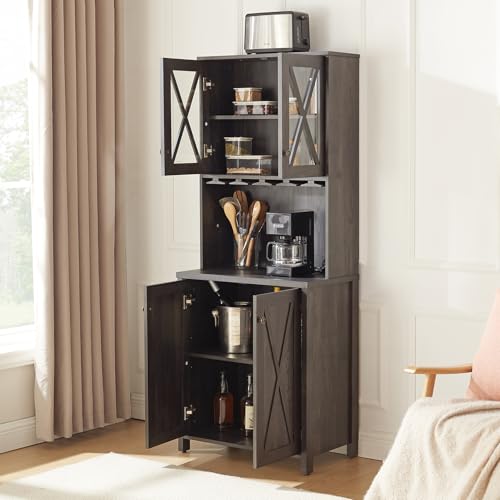 Sideboards Buffets Coffee Bar Cabinet Kitchen Pantry Cupboard Storage Serving Cabinet with Microwave Stand, Home Source Bar Cabinet and Hollow out Barn Design Wood Cabinet, Grey