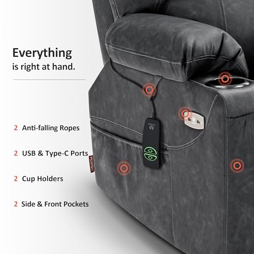 MCombo Power Lift Recliner Chair for Elderly, Lift Chair with Heat and Massage, FSC Certified, USB Ports, Cup Holders, Faux Leather 7040 (Black, Medium)