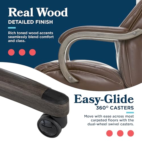 La-Z-Boy Delano Big & Tall Executive Office Chair, Ergonomic Mid-Back Body Pillow Lumbar Support, ComfortCore Memory Foam Cushion, Mahogany Wood Arms & Swivel Base, Bonded Leather, Chestnut Brown