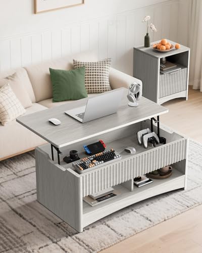 Marsail Lift Top Coffee Table with Open & Hidden Storage, Modern Fluted Coffee Table with Smooth Lift Mechanism, Sturdy Space-Saving Center Table for Home Living Room, Office, Natural Oak