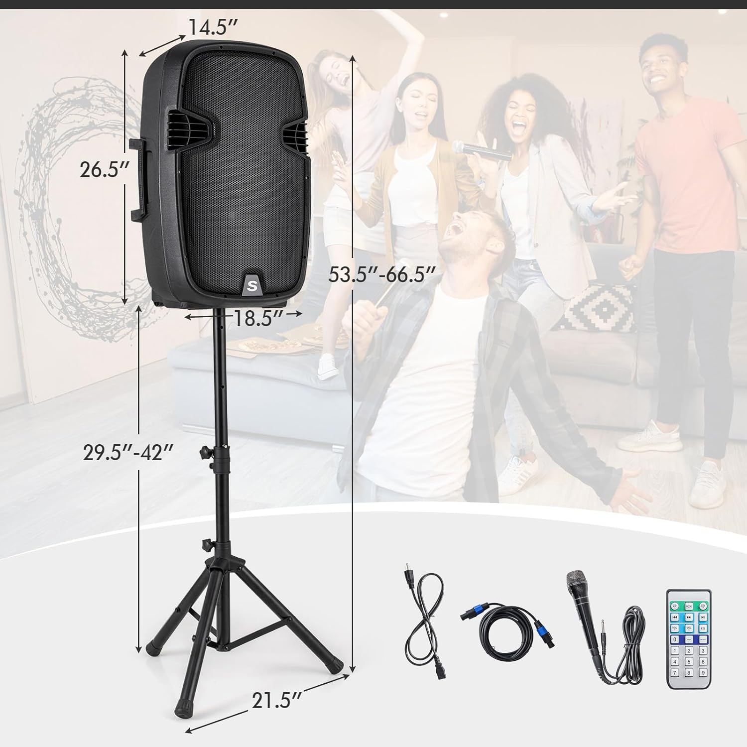 GOFLAME Portable 15" PA Speaker System Set, 3000W 2-Way Loudspeaker with Active + Passive Speaker, High Powered DJ Speaker with Bluetooth, USB/SD Card Reader, Stands, Microphone, Remote Control