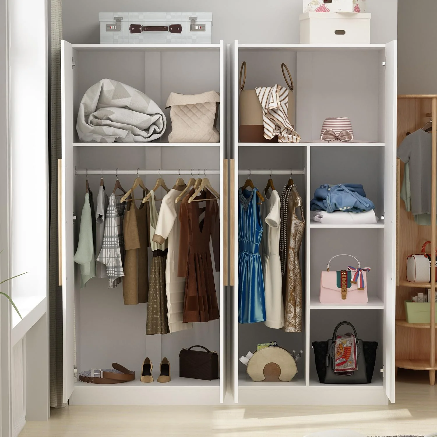 Large Wardrobe Armoire Closet with 4 Doors, Freestanding Wardrobe Cabinet for Hanging Clothes, Bedroom Armoire Dresser Wardrobe Clothes Organizer, 4-Door White (63" W x 19.7" D x 70.9" H)