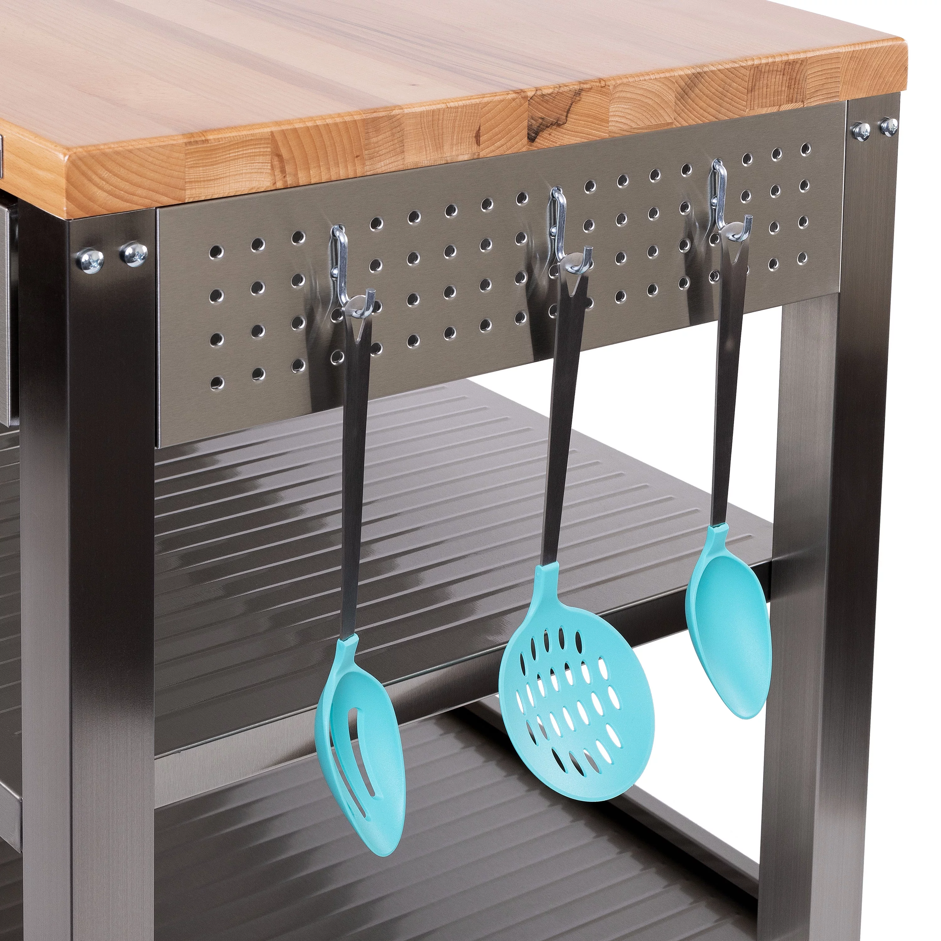 Seville Classics UltraHD Stainless Steel Workcenter Professional Kitchen Island, 2-Drawer, Peg Boards, Steel, Solid Wood Top