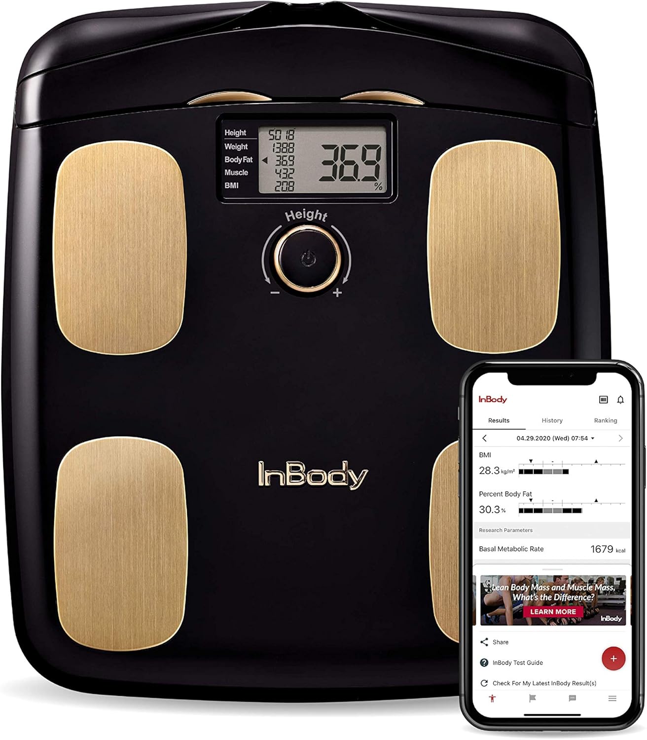 InBody H20N Smart Full Body Composition Analyzer Scale - BMI, Body Fat, Muscle Mass - Bluetooth Connected - Midnight Black