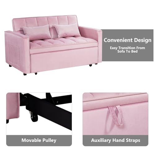 3 in 1 Convertible Sleeper Sofa Bed,Futon Loveseat Couch with Pull-Out Bed & Adjustable Backrest,Velvet Fabric Sofa with Side Pocket for Small Apartment, Living Room, Office (Black)