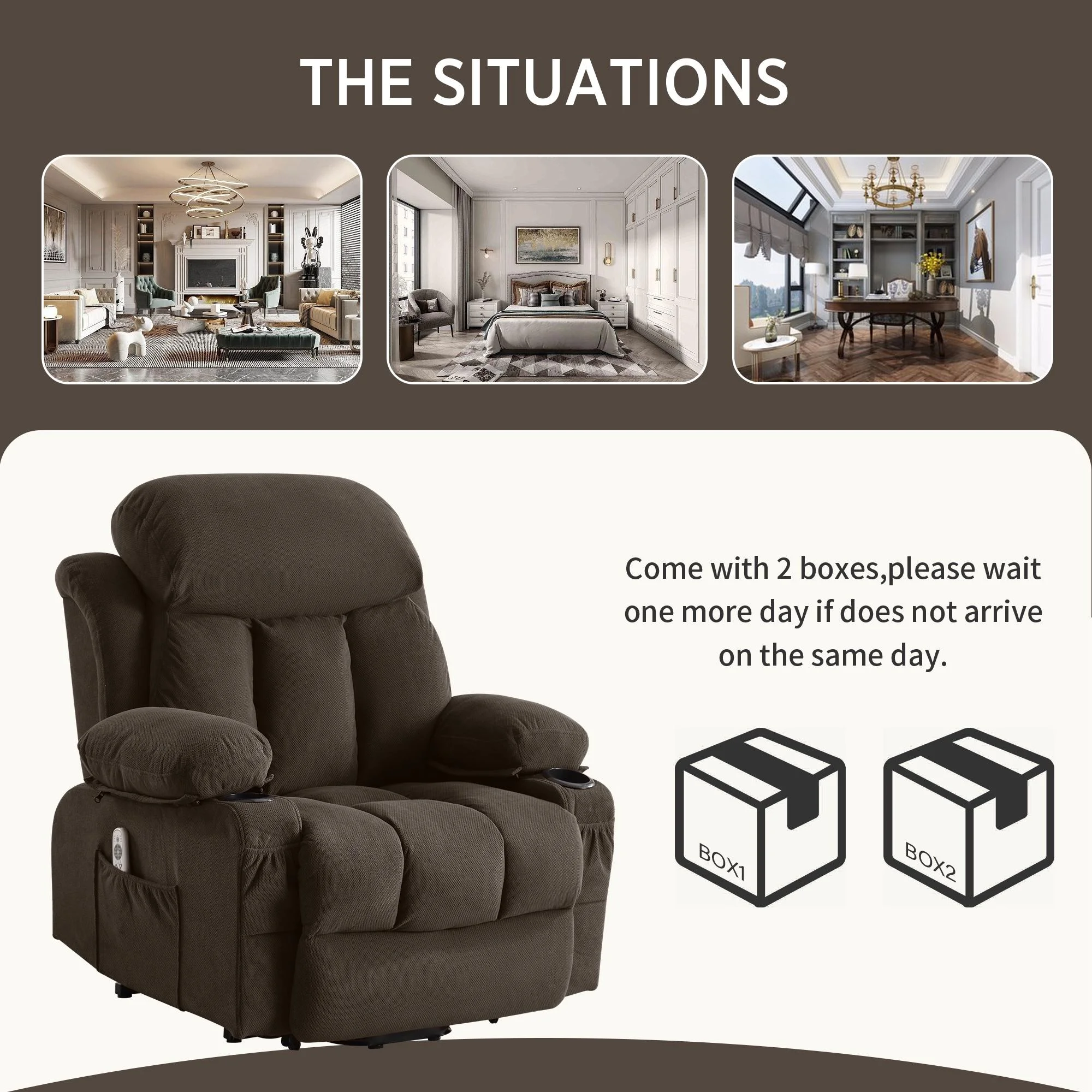 Power Lift Recliner Chair, BTMWAY PU Leather Electric Recliner Chair for Elderly with Massage | Heating | Remote Control | USB Port, Power Lift Recliner for Home Use, 22in Seating Wide, Brown