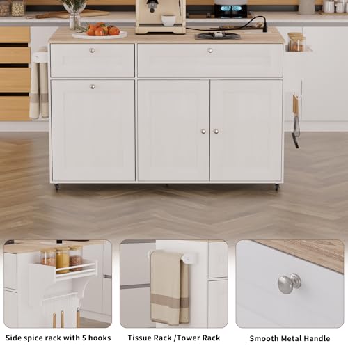 Kitchen Island on Wheels with Storage and Power Outlet, Kitchen Island with Trash Can Storage Cabinet and Drop Leaf, with Spice Rack & Towel Rack, Rolling Island Cart for Kitchens (Black)