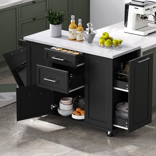 60" Kitchen Island with Drop Leaf and Power Outlet, Rolling Kitchen Cart on Wheels with Trash Can Storage Cabinet, Spice Rack, Towel Rack and Adjustable Shelf for Dining Room