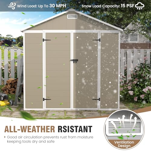 Outdoor Storage Shed, 6x6 FT Resin Shed with Floor and Lockable Door, Window, Vents, Tool Sheds and Outdoor Storage for Bike, Garden Accessories, Tools, Waterproof (Grey & White)