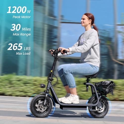 Caroma Peak 800W/1200W Electric Scooter Adults, 30 Miles Max Range, Foldable Electric Scooter with Seat, Front Suspension, Detachable Large Basket,Commuter E-Scooter for Adult and Teens