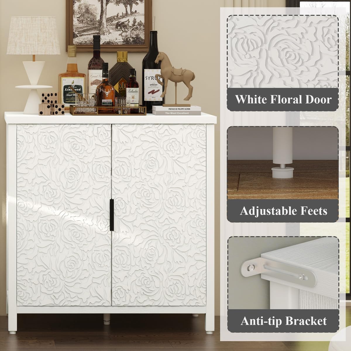 BON AUGURE Buffet Cabinet with Storage, Kitchen Sideboard Storage Cabinet with Doors and Shelves, Wood Credenza Coffee Bar Cabinet for Home, Modern Accent Cabinet for Entryway (White Floral)