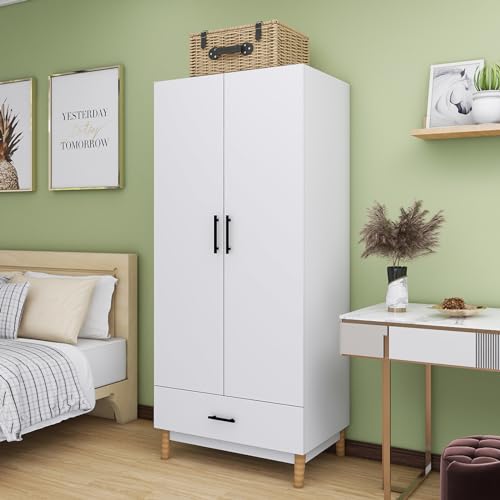 Armoire Wardrobe Closet Wood: 2 Drawers 2 Door Wardrobe Cabinet White with Large Capacity with Hanging Rod Handles for Bedroom Tall Armoire Storage Cabinet 31.5" L x 20.3" W x 74" H