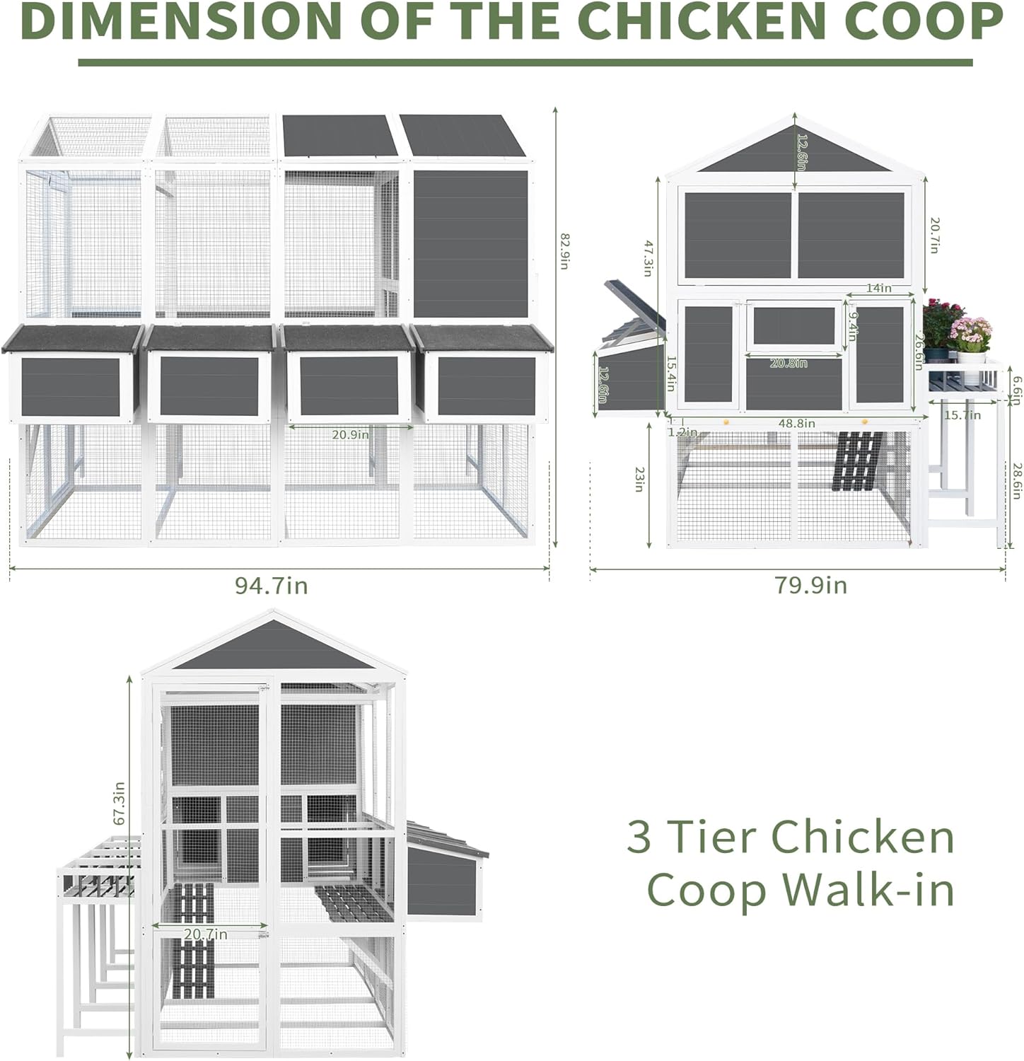 95'' Large Chicken Coops for 10 Chickens, Wooden Walk-in Chicken House Outdoor Chicken Coop with 4 Nesting Box, 3-Tier Hen House Poultry Cage