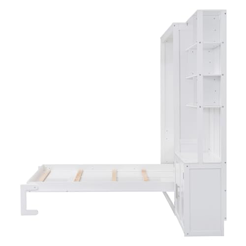 Queen Size Murphy Bed with Desk, 68 inch Murphy Bed Frame, Solid Wood Foldable Platform Bed,Foldable Cube Cabinet Queen Platform Bed, Space-Saving Wall Bed for Guest Room Home Office, White