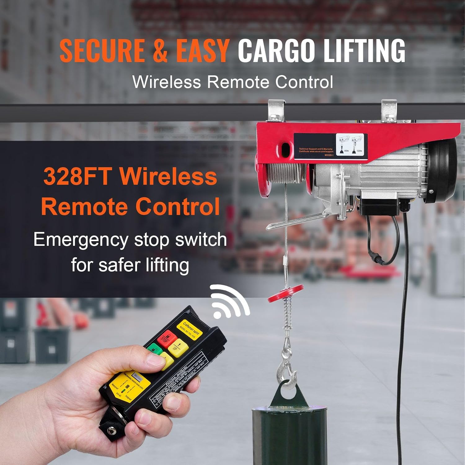 DOUKI Heavy Duty Electric Hoist with Wireless Remote Control - 1320 lbs Lifting Capacity, 1150W 110V Steel Wire Winch, 40ft Single Cable Lifting Height - Ideal for Garage, Warehouse, Factory