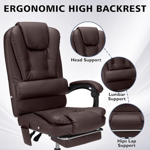 Executive Office Chair with Massage Reclining Office Chair with Footrest High Back Ergonomic Computer Desk Chairs Soft Leather for Home Office Black
