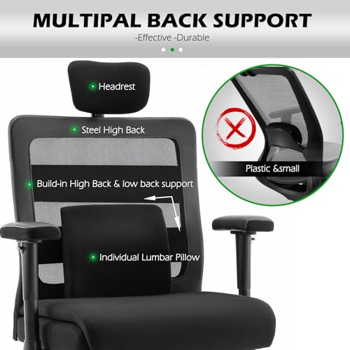 Extra Wide Seat Office Chair 500lbs Big and Tall Heavy Duty Ergonomic Mesh High Back Desk Chair with Adjustable Headrest, Lumbar Support, Arms for Home & Office