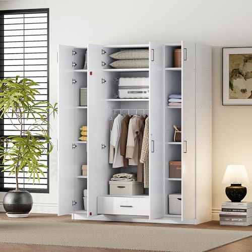 Modern Storage Wardrobe with Hanging Rods and 2 Drawers, Wood Clothes Storage Cabinet Organizer with Sliding Door and Open Shelves, Freestanding Wardrobe Cabinet for Small Spaces, Guest Room