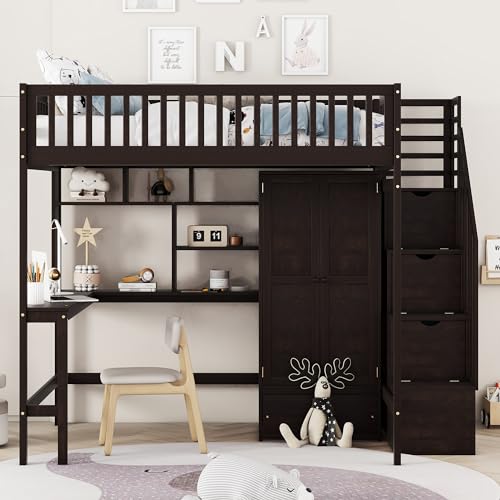 Full Size Loft Bed with Wardrobe Desk Storage Stairs, Wood Loft Bed Frame with Bookcase and Drawers, High Loft Bedframe for Kids Teens Adults, No Box Spring Needed, Espresso