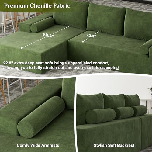 OUYESSIR L-Shape Modular Sectional Sofa Couch Set, 105" Modern Chenille Minimalist Couch, Upholstered Corner Cloud Sofa Sleeper for Living Room, Bedroom, 2 PC Free Combination, Beige White