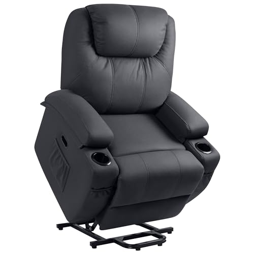 Flamaker Power Lift Recliner Chair PU Leather with Massage for Elderly Ergonomic Lounge Chair Classic Single Sofa with 2 Cup Holders Side Pockets Home Theater Seat (Leather, Light Black)