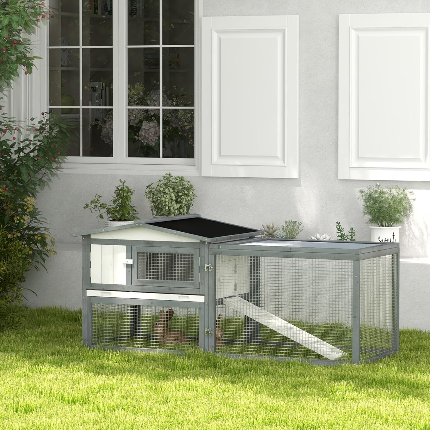 Large Rabbit Hutch Outdoor, 2-Tier 61" L Rabbit Cage with Run Feeding Trough Wooden Guinea Pig Hutch with Removable Tray, Ramp, Asphalt Roof, for 1-2 Rabbits, White