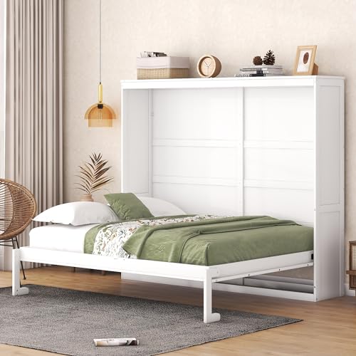 Harper & Bright Designs Queen Size Murphy Bed Wall Bed with Storage Shelves, Wardrobe and LED Lights, Space-Saving for Multipurpose Guest Room or Home Office, Gray