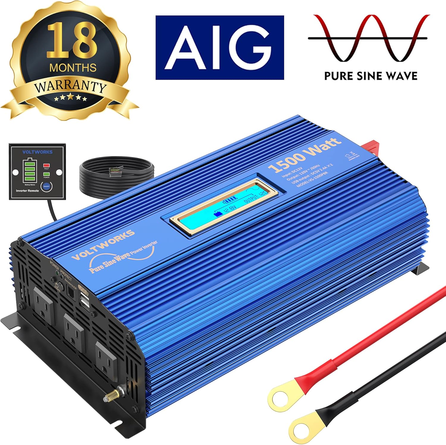 1500W Pure Sine Wave Power Inverter DC 12v to AC 110V-120V with Remote Control LCD Display and 2x2.4A Dual USB Ports 3 AC Outlets for Home RV Truck by VOLTWORKS