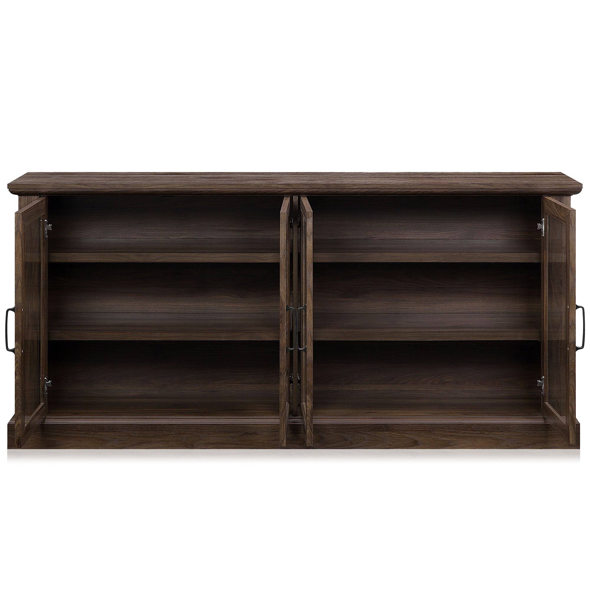 Belleze Liam 70x22 Rustic Farmhouse Wood Sideboard Universal Stand 4 Doors Buffet Cabinet Living Room Glass Storage, Rustic Grey