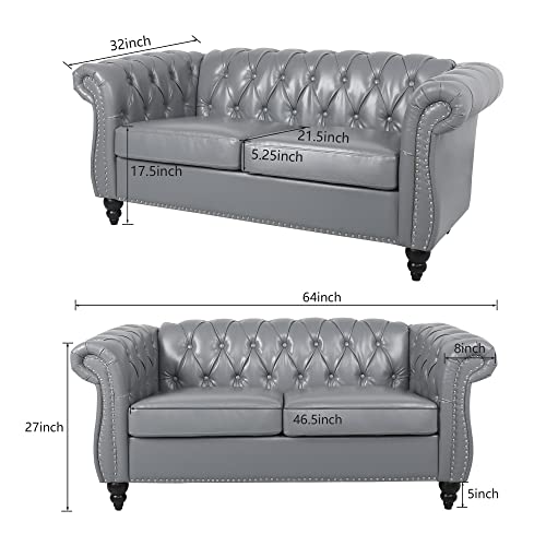 3 Piece Living Room Set, Chesterfield Velvet Sofa Loveseat Couch Chair with Scroll Arms and Nailhead for Living Room, Office (Beige, 1-2-3)