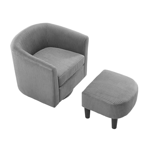 Swivel Accent Chair with Ottoman, Comfy Corduroy Barrel Chair, 360°Swivel Round Arm Chair, Reading Armchair with Footstool Set, Modern Club Sofa Chair for Bedroom, Living Room, Lounge, Office, Grey