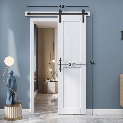 EaseLife 54 x 84 inch White Barn Door with 9FT Sliding Door Hardware Kit Included & Handle,Solid Wood Covered with Waterproof PVC Surface,DIY Assemblely,Easy Install,H-Frame,Fit 50-52in Wide Opening