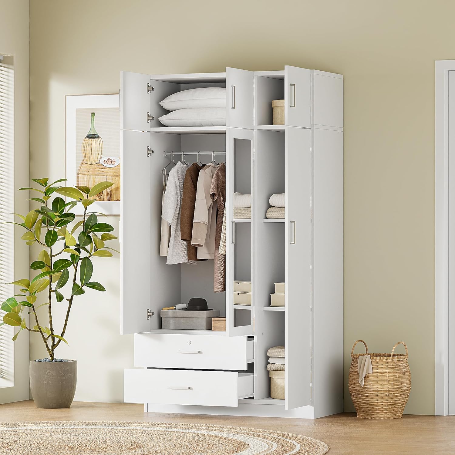 3-Door Mirror Wardrobe Closet, Bedroom Freestanding Storage Armoire Organizer with 2 Drawers and Top Cabinet, 41.30" L x 19.50" W x 81.10" H, White
