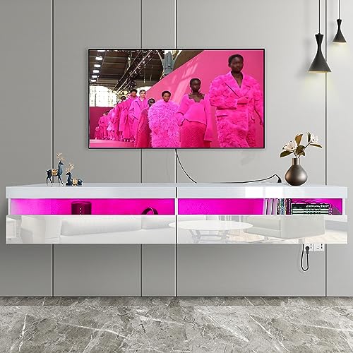 Floating TV Stand, 71" Floating entertainment center wall mounted,Floating Wall Mounted TV Shelf with Led Lights and Power Outlet,Modern High Gloss tv Cabinet Media Console with Storage