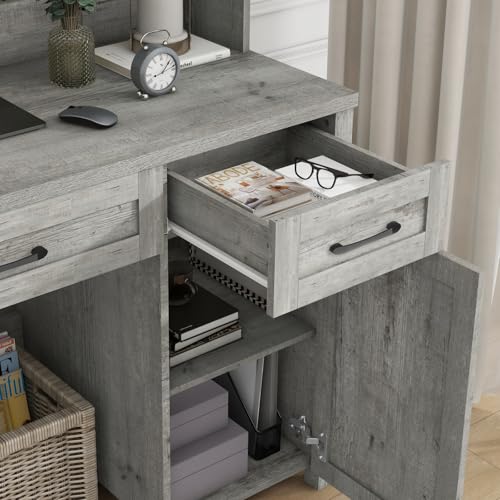 Farmhouse 47'' Executive Desk, I-Shape Desk with 3 Drawers, 2 Cabinets, Gray Oak, for Home Office