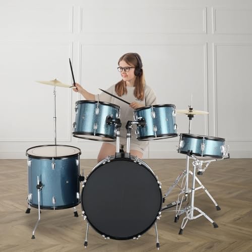 Ktaxon 22 Inch Adult Drum Set, 5-Piece Full-Size Drums Kit with Cymbal Stands, Hi-hat Stand, Sticks, Drum Pedal, Stool & Floor Tom for Beginner Teens Student (Blue)
