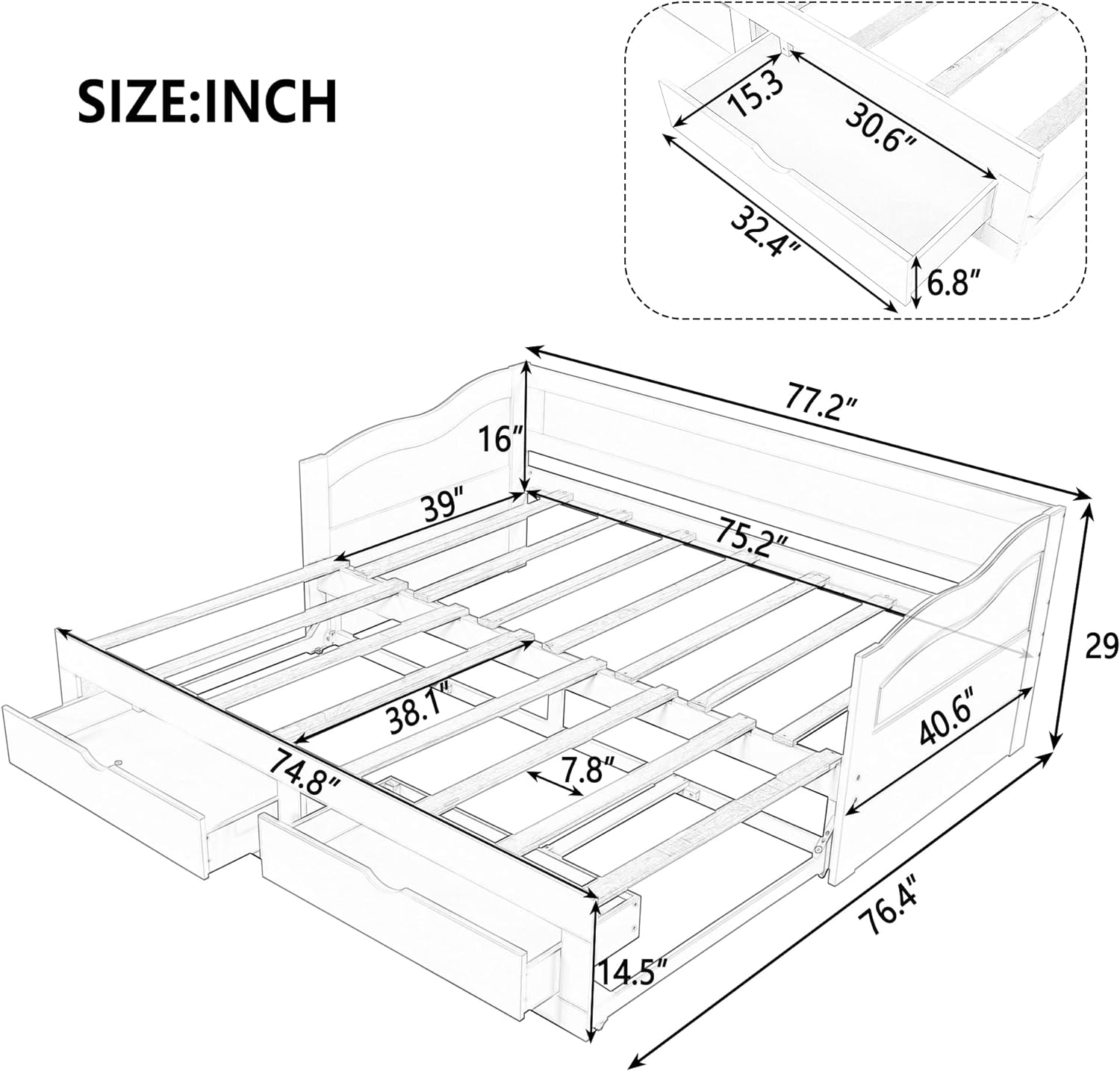 To King Daybed With Storage Drawers, Wood Extendable Daybed With Trundle, Kids Sofa Bed Frame For Bedroom Living Room, No Box Spring Needed ( To King, White)