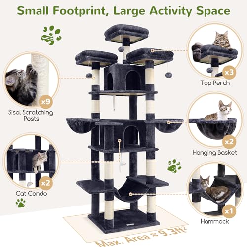 Globlazer Big Cat Tower for Indoor Cats, 80inch Cat Tower for Multiple Adult Cats XXL Cat Tree with Scratching Post, Hammock, 3 Perches, 2 Condos, 2 Hanging Basket, F80, Light Grey