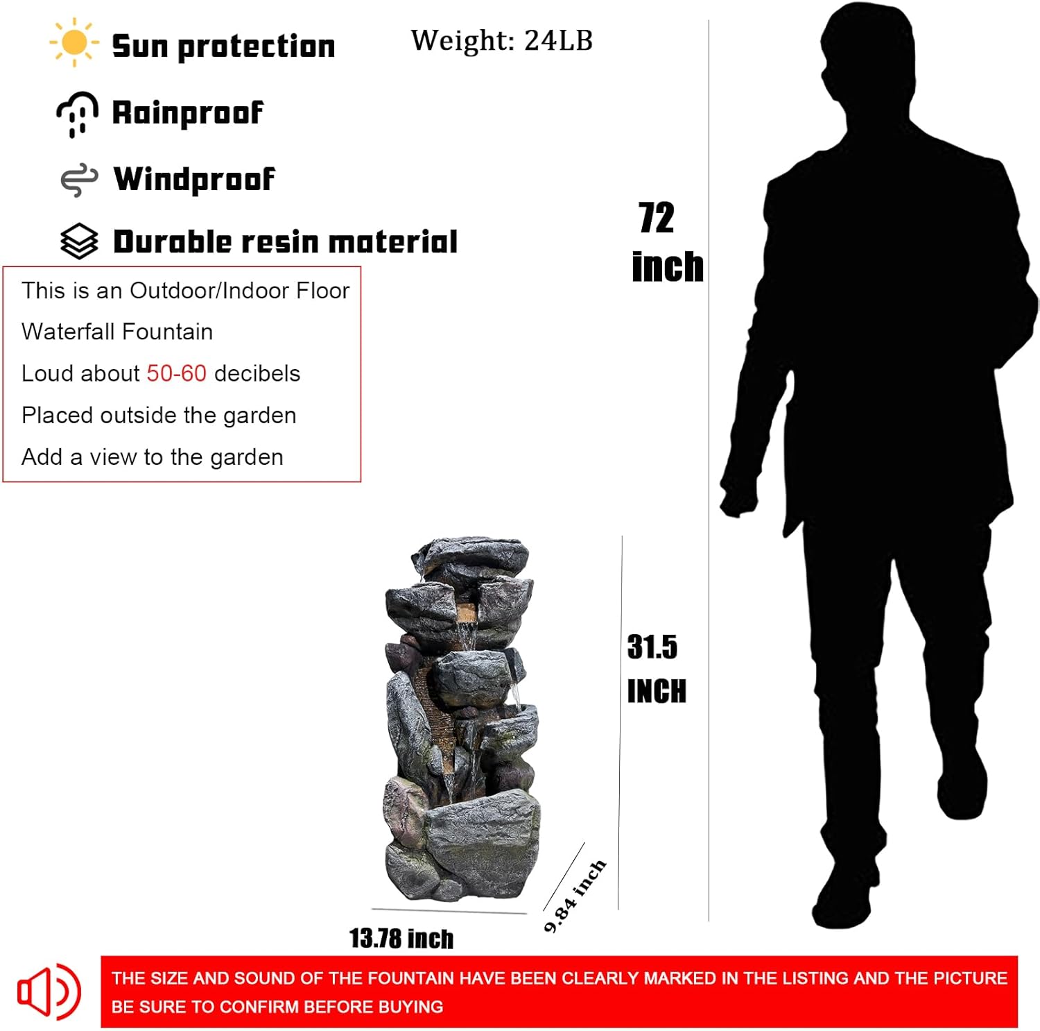 5-Tiered Rock Water Fountain Outdoor Garden - 31.5”Waterfall Fountain Outdoor Water Fountain with Light Cascading Waterfall for Patio,Garden,Grey,Resin Fountain