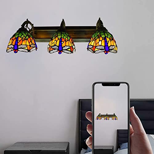 TFCFL Tiffany Victorian Wall Sconce, 3-Light Vanity Light Fixtures Stained Glass Lampshade Dragonfly Over Mirror Lamp for Bathroom Bedroom Living Room Hotel