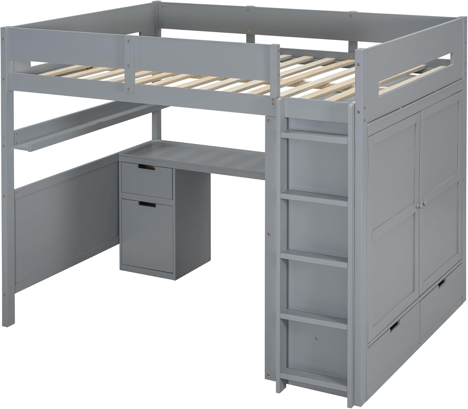 Full Size Loft Bed with Built-in Wardrobe and Underbed Study Desk, Modular Design Wood Loft Bed w/Storage Shelves, Ladder and Safety Guardrail for Kids Teens, No Box Spring Needed, Gray