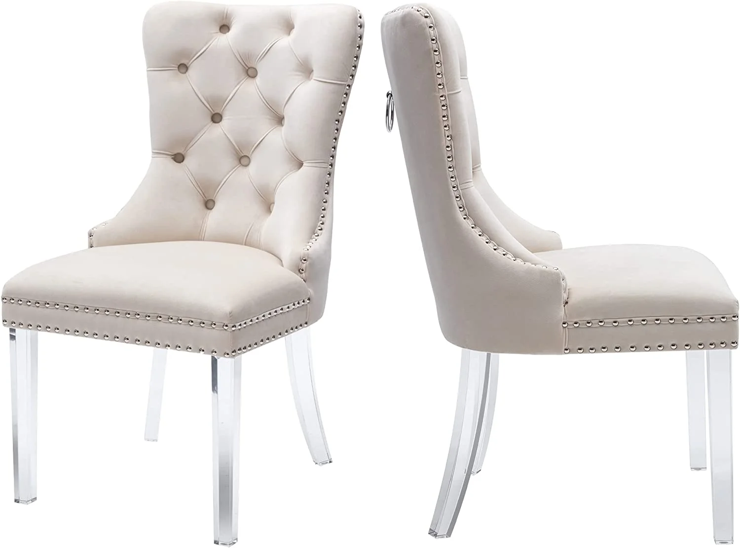 Velvet Dining Chairs Set of 2, Upholstered High-end Tufted Dining Room Chair with Nailhead Back Ring Pull Trim Solid Acrylic Legs,  Nikki Collection Modern Style for Kitchen, Beige