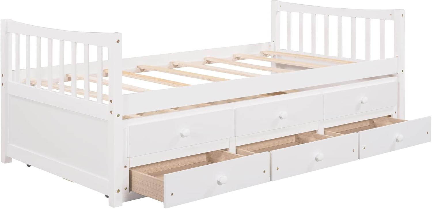 Harper & Bright Designs Daybed with Trundle and Storage Drawers,Wood Twin Captains Bed, Trundle Daybed with Storage for Kids Teens or Adults (Twin,White)
