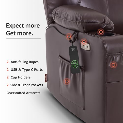 MCombo Power Lift Recliner Chair for Elderly, Lift Chair with Heat and Massage, FSC Certified, USB Ports, Cup Holders, Faux Leather 7040 (Black, Medium)