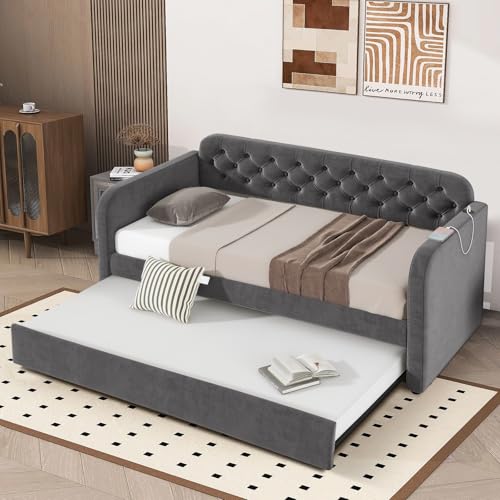 Antetek Twin Daybed with Trundle, Upholstered Velvet Daybed w/Pull Out Trundle Bed, USB Ports, Button Tufted Day Bed Frame for Living Room, Apartment, No Box Spring Needed, Beige