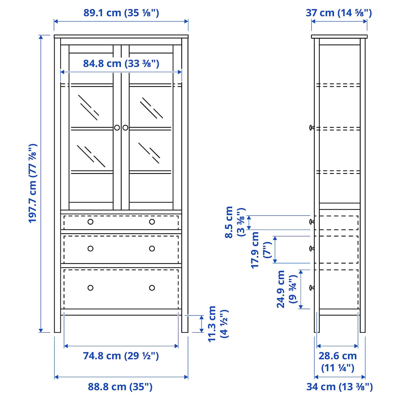 IKEA - HEMNES Glass-Door Cabinet with 3 Drawers, White Stain, 35 3/8x77 1/2